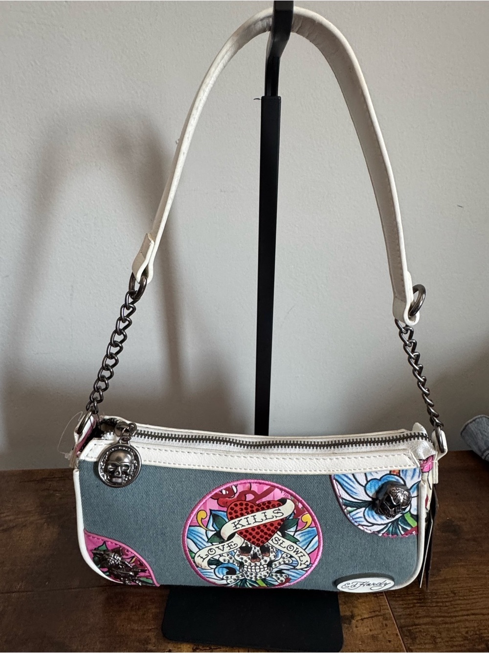 Ed Hardy Women’s White & Gray Tattoo-Print Shoulder Bag